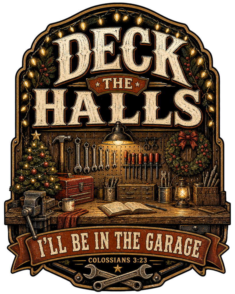 Deck The Halls I'll Be In The Garage Tee | Funny Christmas Shirt for Dad