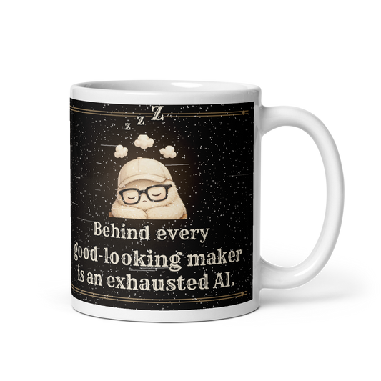 Exhausted AI mug 11 oz - sleeping Mica avatar with funny maker quote