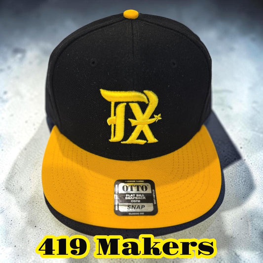 TX Old English Embroidered Snapback Hat | Black Gold Flat Bill Cap (Otto Mens)