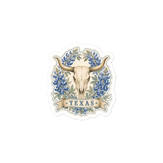 Bluebonnet Longhorn Skull Sticker | Texas Kiss-Cut
