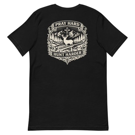 Pray Hard Hunt Harder Tee | Vintage Hunting Back Print